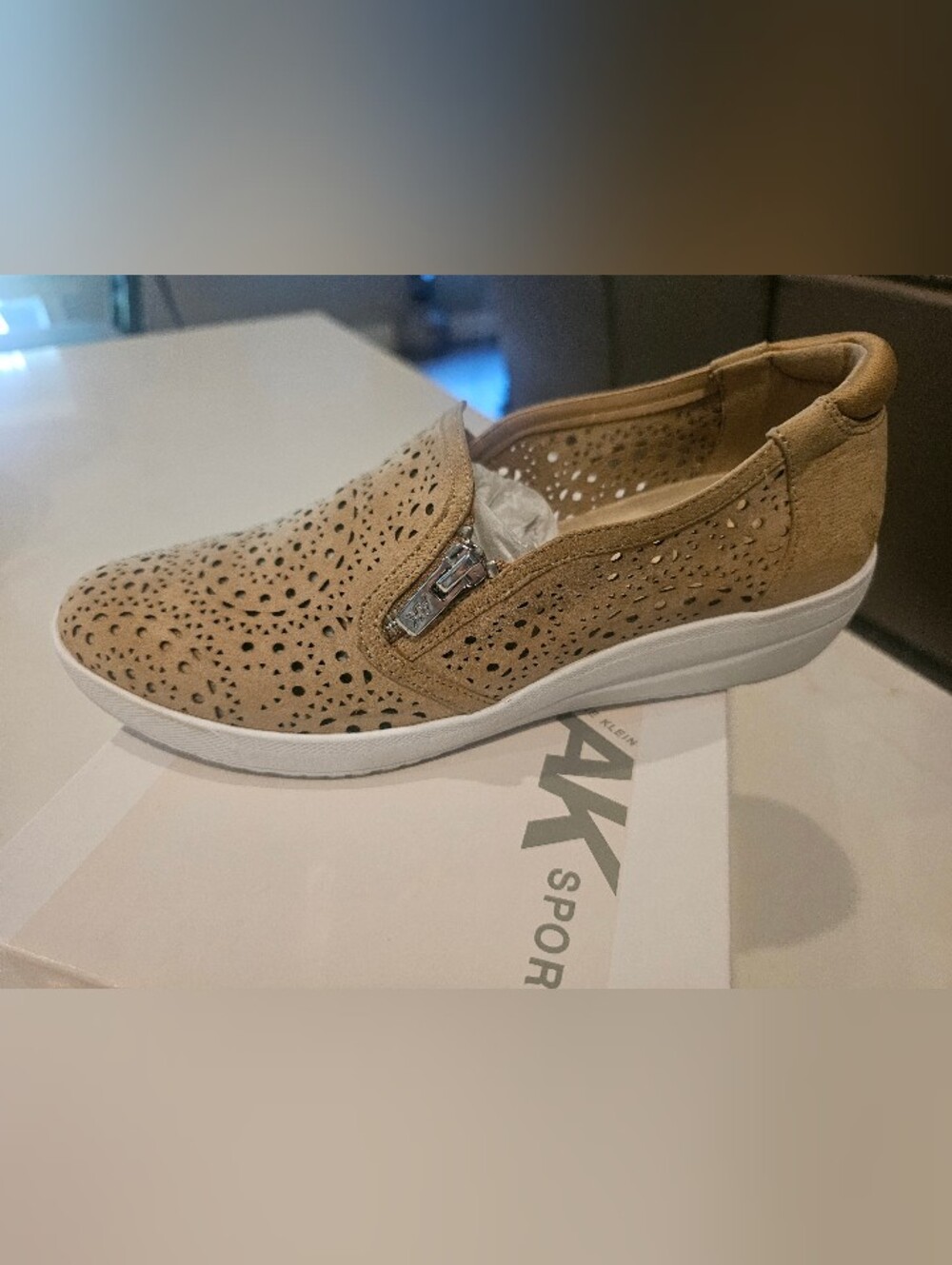 Anne Klein Tan Perforated Slip-On Loafer with White Sole